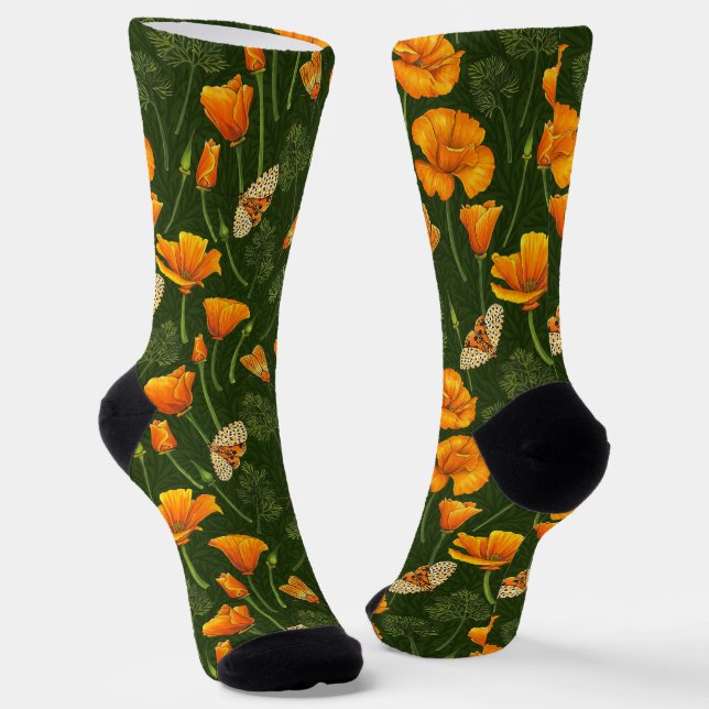 California poppies and moths on dark green socken (Gewinkelt)