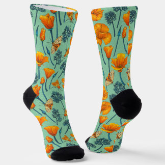 California poppies and moths on jade socken