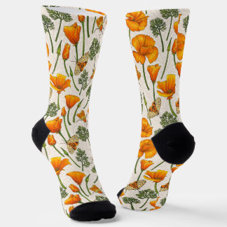 California poppies and moths on off white 2 socken