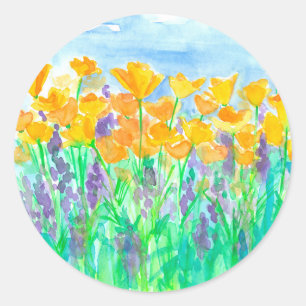 California Poppies Lila Lupines Wildblumen Runder Aufkleber