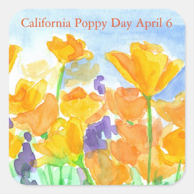 California Poppy Day Watercolor-Blume Quadratischer Aufkleber (Vorderseite)