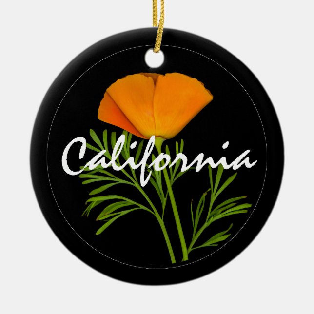California Poppy on Black mit "California"-Text Keramik Ornament (Vorne)