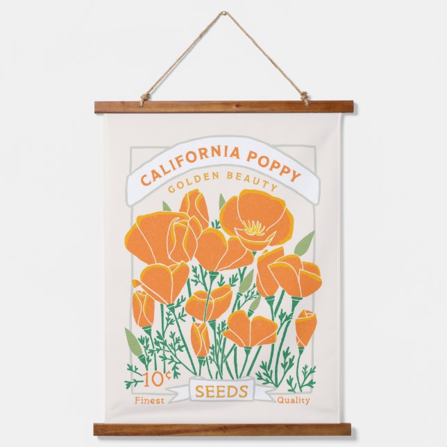 California Poppy Seed Packet Hängeband Wandteppich Mit Holzrahmen (Vorderseite)