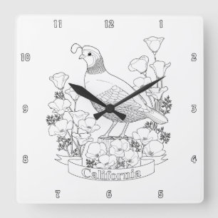 California Staat Bird and Blume Coloring Page Quadratische Wanduhr