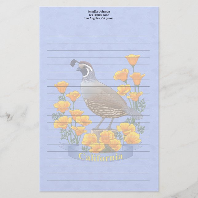 California Staat Bird Quail & Golden Poppy Briefpapier (Vorderseite)