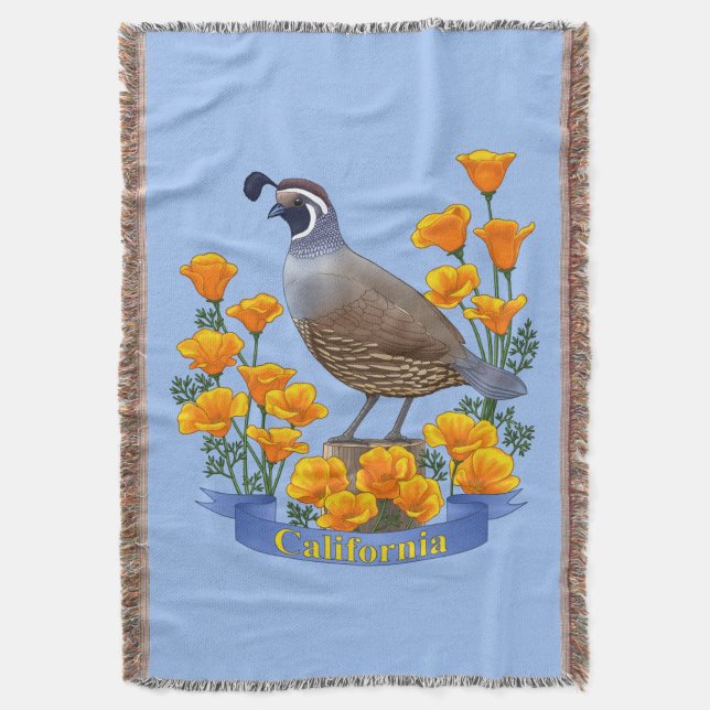 California Staat Bird Quail & Golden Poppy Decke (Vorderseite Vertikal)