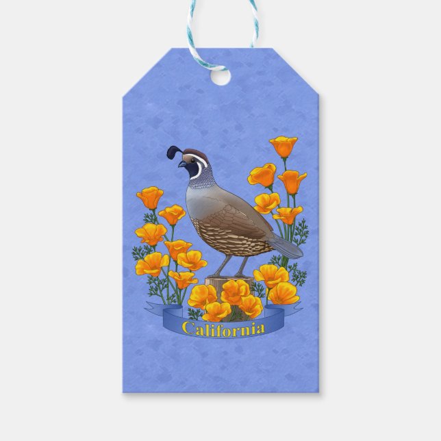 California Staat Bird Quail & Golden Poppy Geschenkanhänger (Vorderseite)