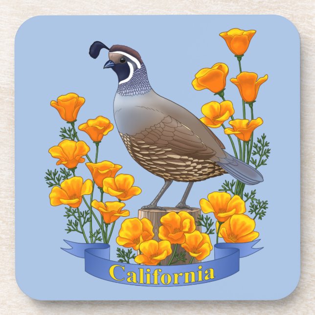 California Staat Bird Quail & Golden Poppy Getränkeuntersetzer (Vorderseite)