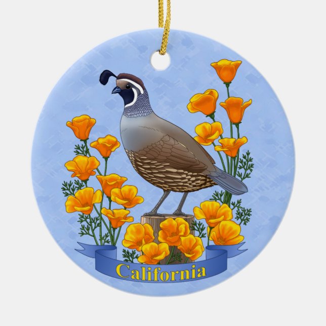 California Staat Bird Quail & Golden Poppy Keramikornament (Vorne)