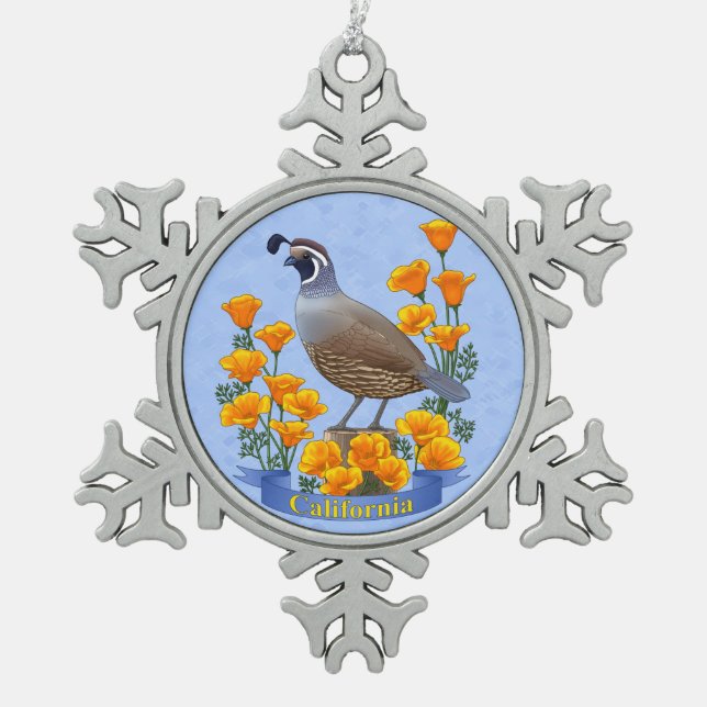 California Staat Bird Quail & Golden Poppy Schneeflocken Zinn-Ornament (Vorderseite)