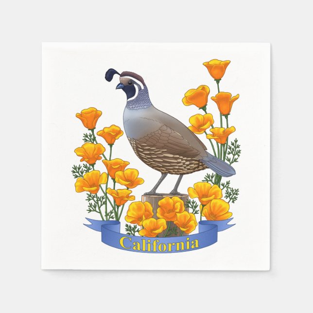 California Staat Bird Quail & Golden Poppy Serviette (Vorderseite)