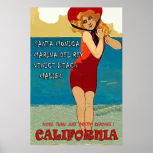 California Strände, Frau in rotem Badeanzug Poster