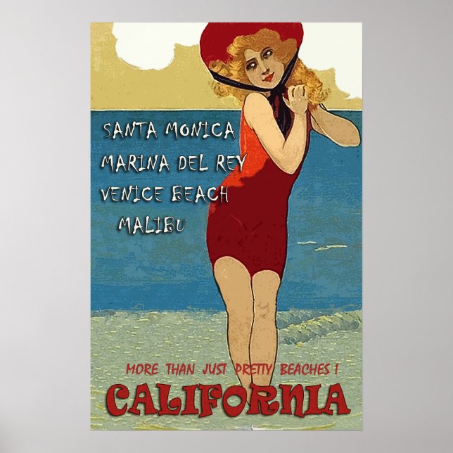 California Strände, Frau in rotem Badeanzug Poster (Vorne)