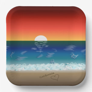 California Sunset   Beach Sand Heart Pappteller