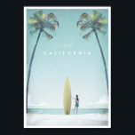 California Vintage Travel Poster<br><div class="desc">Vintages Reiseplakat von Kalifornien,  inspiriert durch Art Deco Reiseplakat. Illustration eines Retro-Surfer-Mädchens mit einem gelben Langboard am Strand. Text liest Besuch Kalifornien. Original handgezeichnete und digital gerenderte Illustration von Henry Rivers für Travel Poster Co.</div>