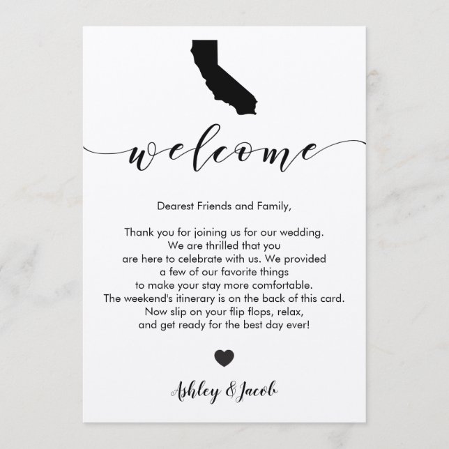 California Wedding Welcome Letter & Itinerary Card Programm (Vorderseite)