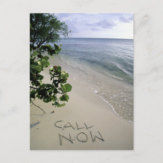 'Call Now' Sand am Strand, Jamaika Postkarte (Vorderseite)