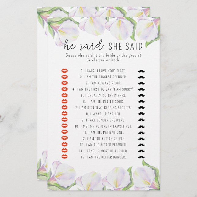 Calla - Er sagte, sie sagte Brautparty-Spiel (Vorne/Hinten)