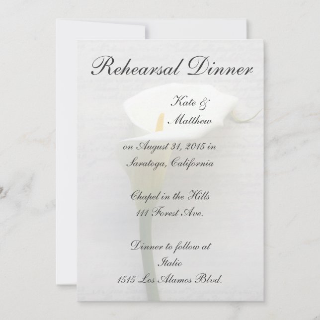 Calla Lilie auf dem Probe Dinner Einladung (Vorderseite)