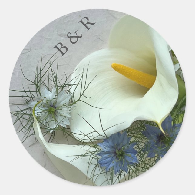 Calla-Lilie mit blauem Nigella-Umschlag Aufkleber (Vorderseite)