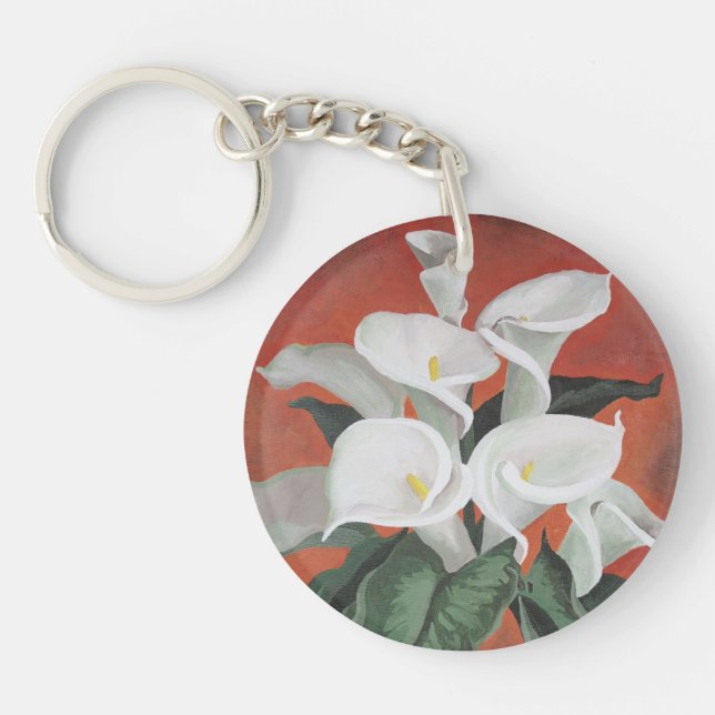 Calla Lilies auf einem roten Hintergrund Schlüsselanhänger (Vorderseite)