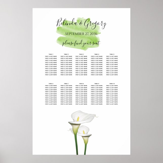 Calla Lilies Watercolor Hochzeitstabelle Poster (Vorne)
