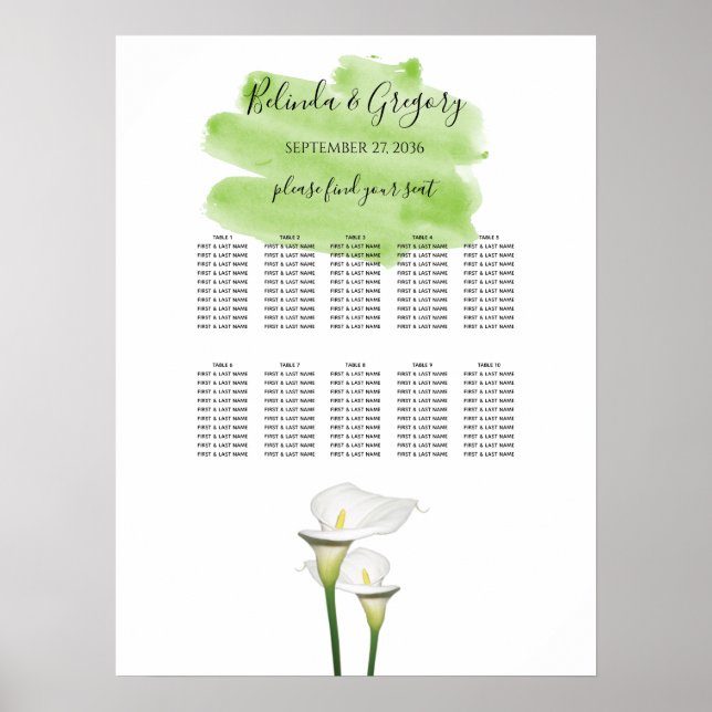 Calla Lilies Watercolor Hochzeitstabelle Poster (Vorne)