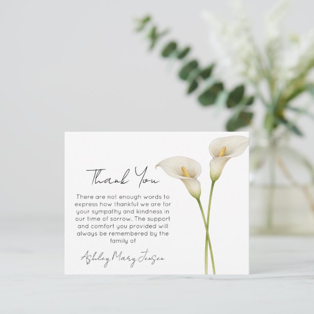 Calla Lily Beerdigung Danke Karte Trauer  (Stehend Vorderseite)