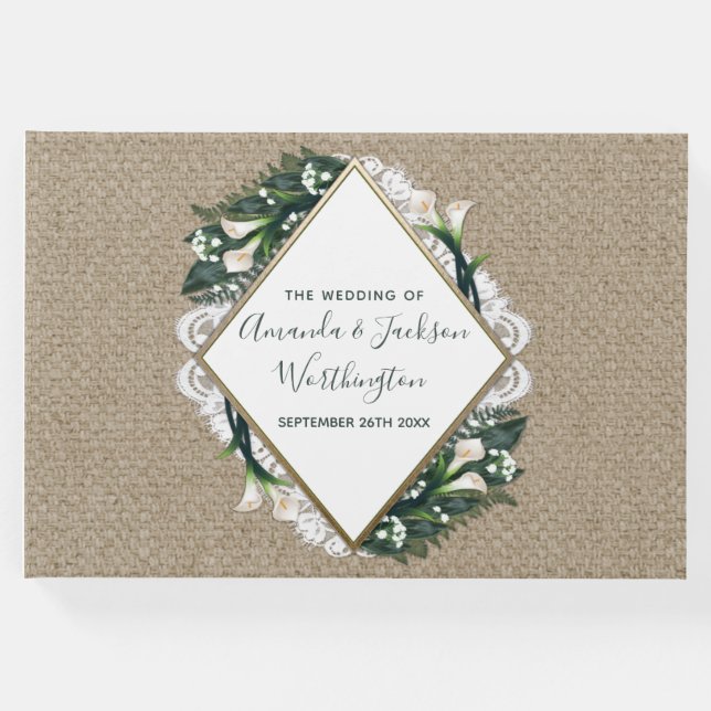 Calla Lily Burlap und Lace Wedding Gästebuch (Vorderseite)