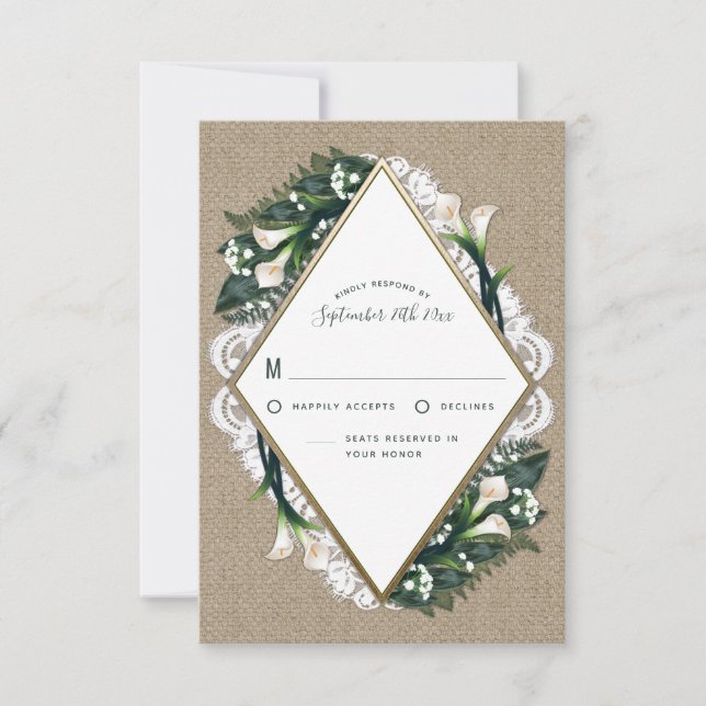 Calla Lily Burlap- und Lace Wedding RSVP-Karten RSVP Karte (Vorderseite)