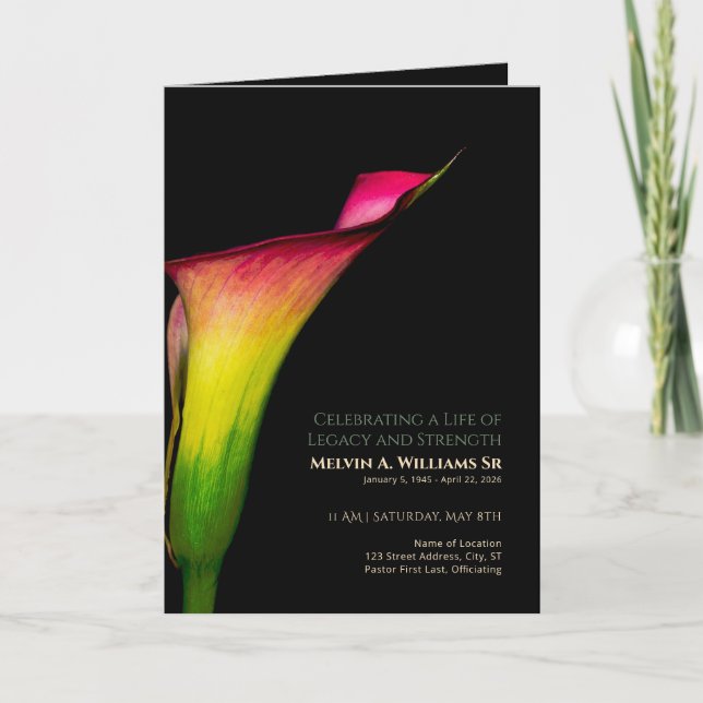 Calla Lily Gedenkprogramm Rot Gelb Grün Einladung (Vorderseite)