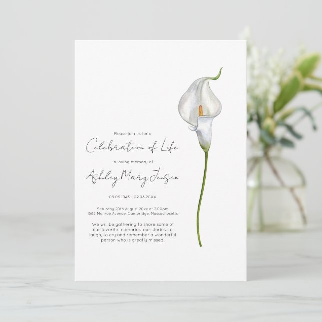 Calla Lily Lebensfeier Bestattung Einladung (Stehend Vorderseite)