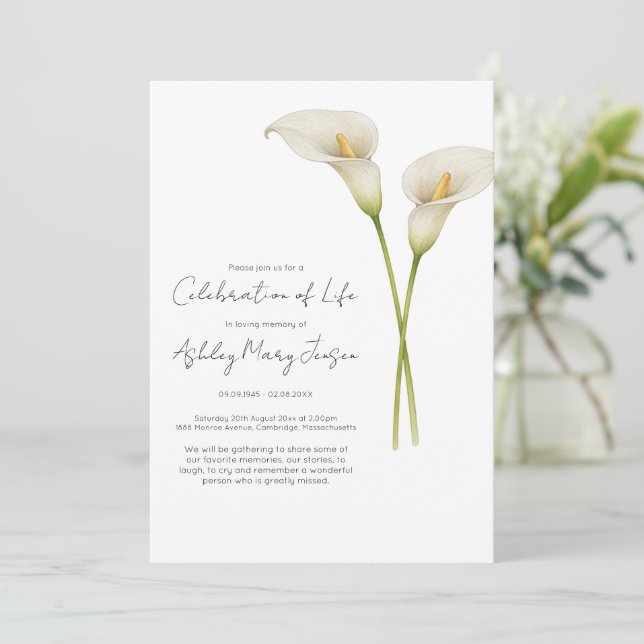 Calla Lily Lebensfeier Bestattung Einladung (Stehend Vorderseite)