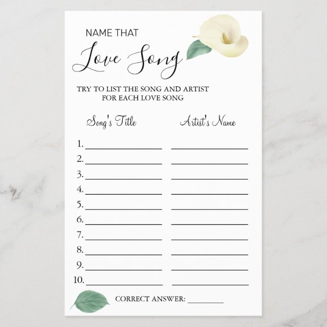 Calla Lily Name dieser Liebe Song Dusche Spielkart Flyer (Vorne)