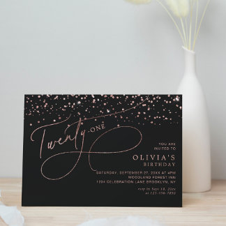 Calligrafie Black Rose Gold Confetti 21. Geburtsta Einladung