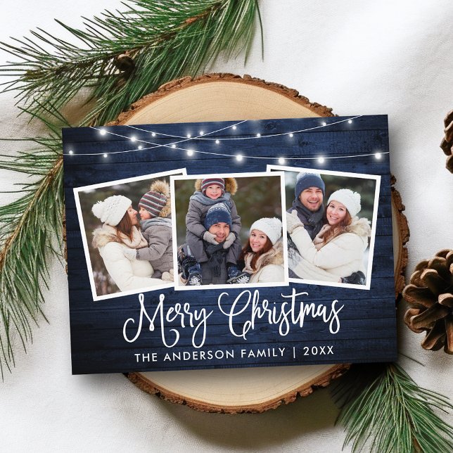 Calligrafie Christmas Blue Wood Lights 3 Foto Postkarte (Customize to change your personalized text size or text style.)