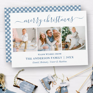 Calligrafie Christmas Dusty Blue Gingham 3 Foto Feiertagskarte