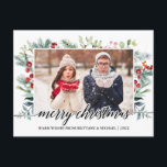 Calligrafie Christmas Greenery Couple Foto Postkarte<br><div class="desc">Moderne Elegante Kalligrafie Script Mercury Christmas Watercolor Holiday Greenery Couple Foto Postcard</div>