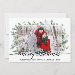 Calligrafie Christmas Pine Greenery Couple Foto Feiertagskarte