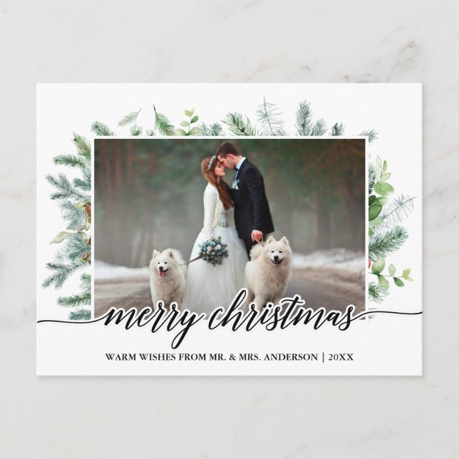Calligrafie Christmas Pine Greenery Wedding Foto Postkarte (Vorderseite)