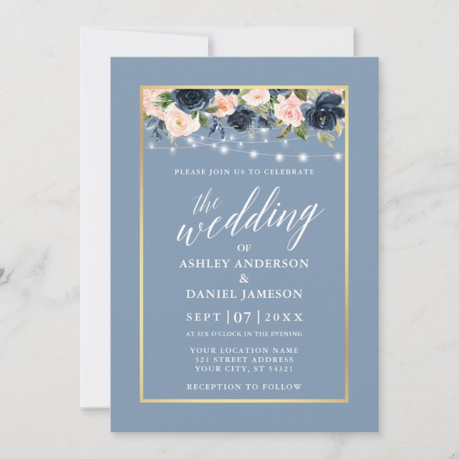 Calligrafie Dusty Blue Pink Floral Lights Wedding Einladung (Vorderseite)