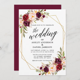 Calligrafie Floral Burgundy Geometric Wedding Einladung
