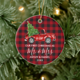 Calligrafie Frau Christmas Truck Red Kariert Keramik Ornament