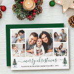 Calligrafie Frohe Weihnachten 5 Foto Grüne Pinien<br><div class="desc">Moderne Kalligrafie Script Frohe Weihnachten 5 Foto Weihnachtskarte beinhaltet Watercolor Pine Trees - Forest Green Script</div>