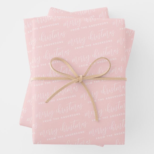 Calligrafie Frohe Weihnachtsfamilie Pastel Pink Geschenkpapier Set (Beispiel)