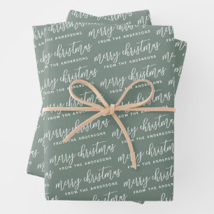 Calligrafie Frohe Weihnachtsfamilie Sage Green Geschenkpapier Set