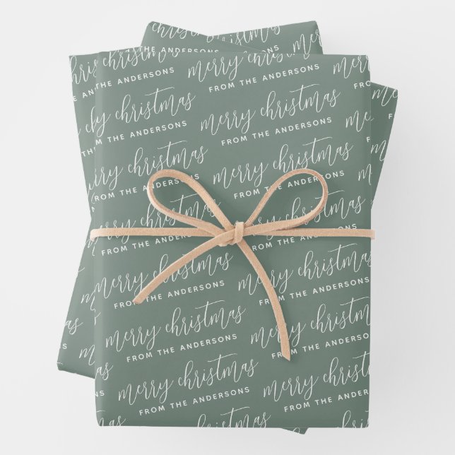 Calligrafie Frohe Weihnachtsfamilie Sage Green Geschenkpapier Set (Beispiel)