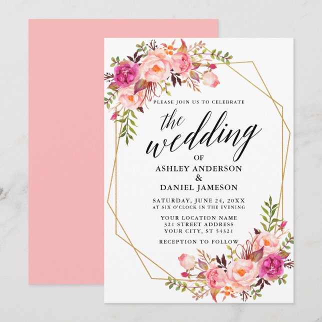 Calligrafie Geometric Pink Blush Floral Wedding Einladung (Vorne/Hinten)