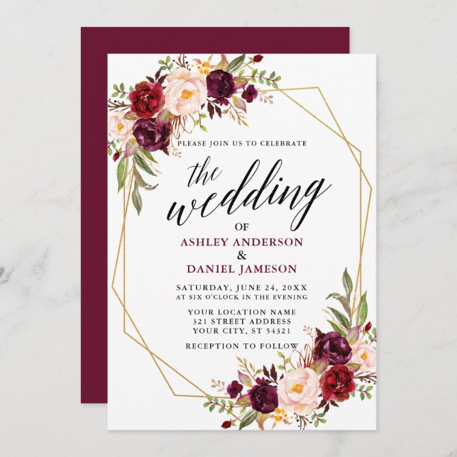 Calligrafie Geometric Wedding Burgundy Floral Einladung (Vorne/Hinten)