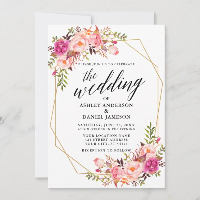 Calligrafie Geometric Wedding Pink Blush Floral Einladung (Vorderseite)